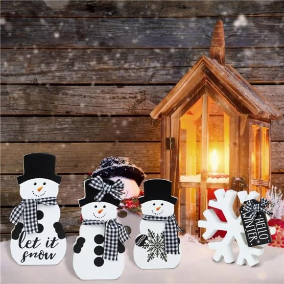 Christmas Tiered Tray Decor - Snowman w/ Buffalo Plaid Ribbon, Wooden Snowflake - Picture 2 of 7